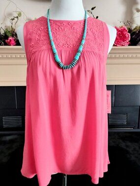 Indigo GNW Sleeveless Boho Top M Coral Embroidered Bodice Gathers Woven
